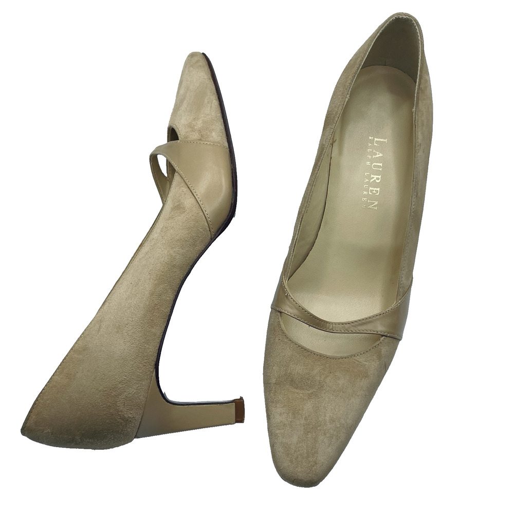 LAUREN Ralph‎ Lauren Size 6.5 Vintage Y2K High Heels Suede Leather Neutral Shoes